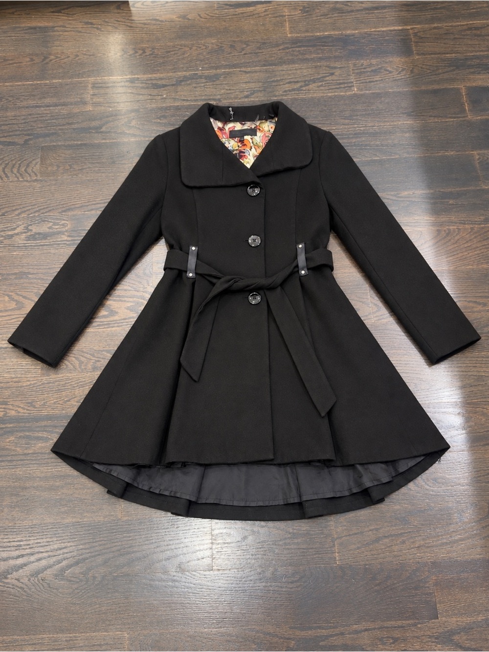 Steve Madden Womens Black Belted Fit-and-Flare Coat